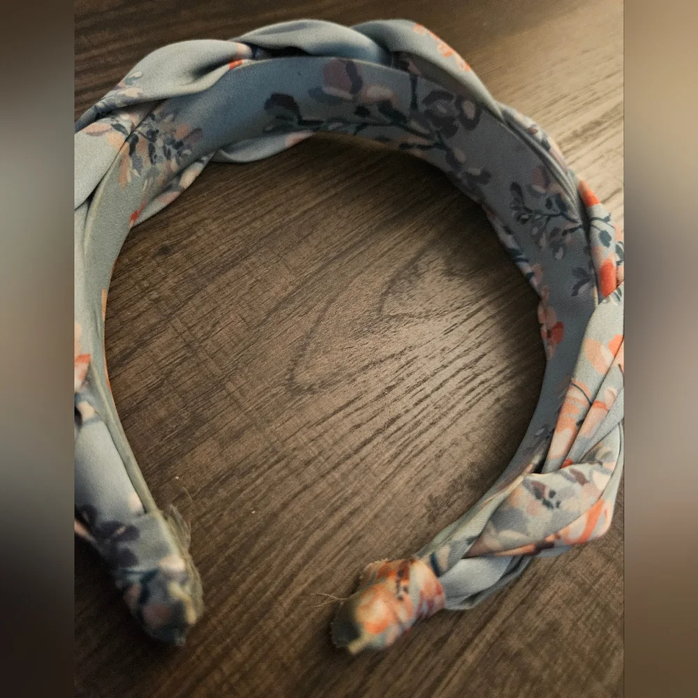 Light blue Braided Headband with Peach color Foral design